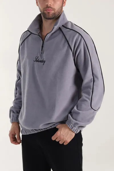 Gri Polar Kumaş Yarım Fermuarlı Yazı Detaylı Erkek Sweatshirt 408552