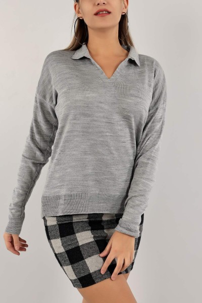 Gri Polo Yaka Bayan Triko Kazak 137668