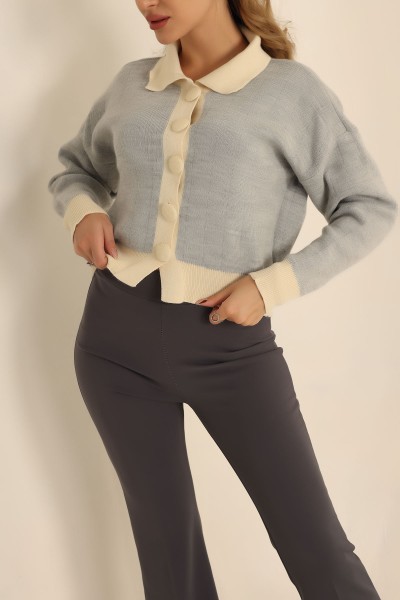 Gri Polo Yaka Düğmeli Bayan Triko 223663