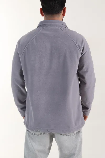 Gri Polo Yaka Düğmeli Uzun Kollu Polar Kumaş Erkek Sweatshirt 404283