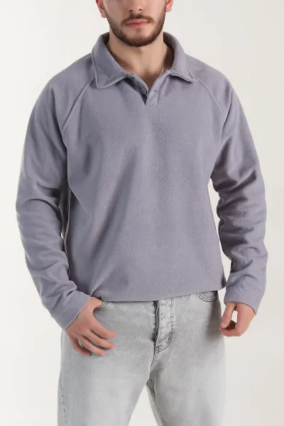 Gri Polo Yaka Düğmeli Uzun Kollu Polar Kumaş Erkek Sweatshirt 404283