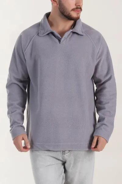Gri Polo Yaka Düğmeli Uzun Kollu Polar Kumaş Erkek Sweatshirt 404283