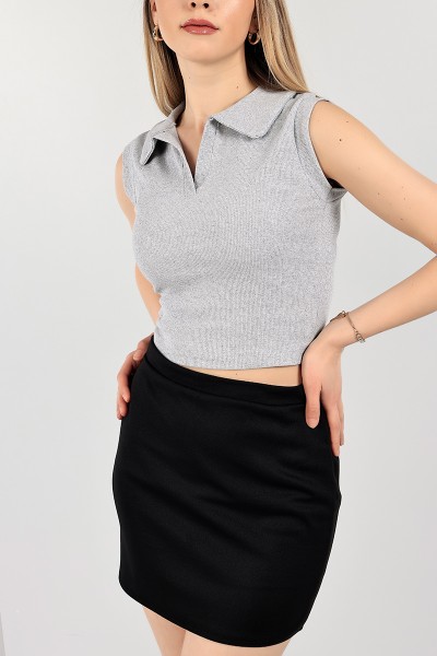 Gri Polo Yaka Fitilli Kolsuz Bluz 107370