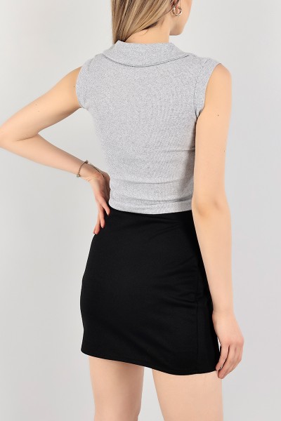 Gri Polo Yaka Fitilli Kolsuz Bluz 107370