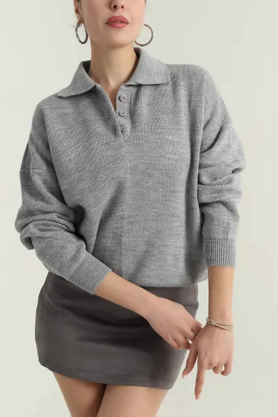 Gri Polo Yaka Triko Kadın Kazak 403823