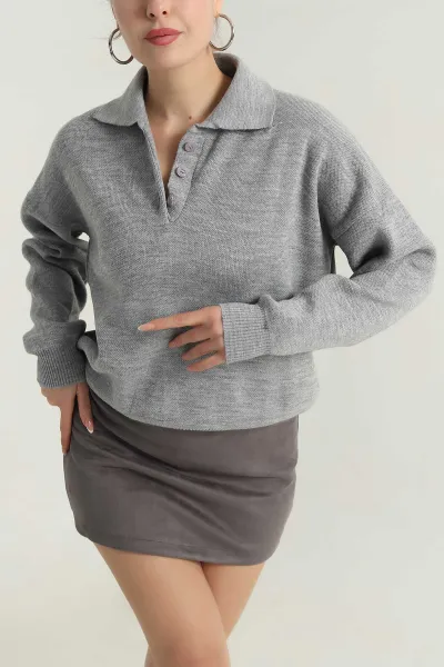 Gri Polo Yaka Triko Kadın Kazak 403823