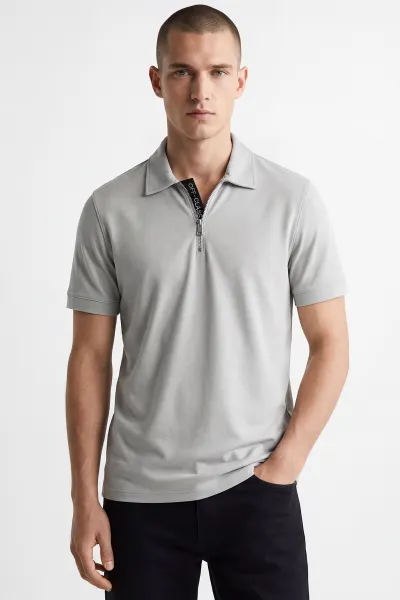 Gri Polo Yaka Yarım Fermuarlı Erkek Tişört 435362