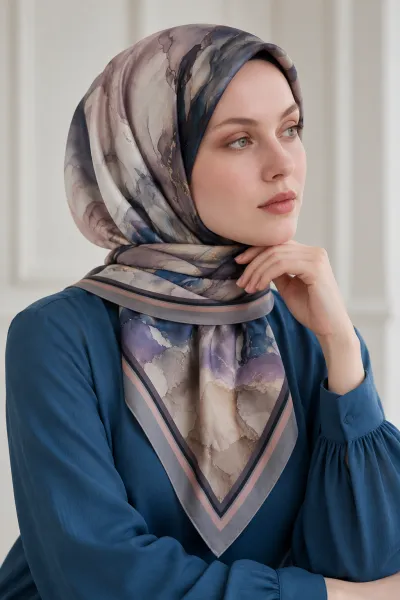 Gri - Pudra 90x90 Cm Dijital Baskılı Floria Desen Soft Eşarp 498564