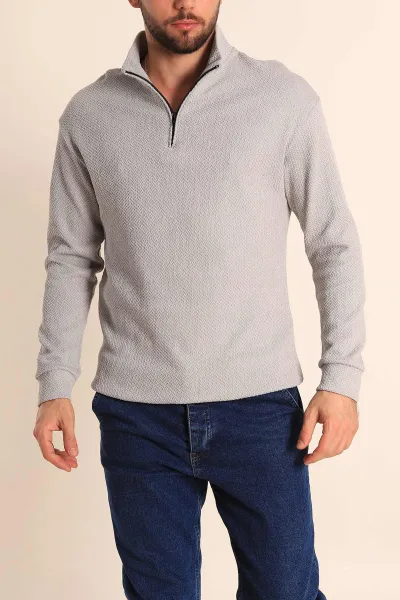 Gri Rahat Kalıp Örgü Dokulu Yarım Fermuar Sweatshirt 228824