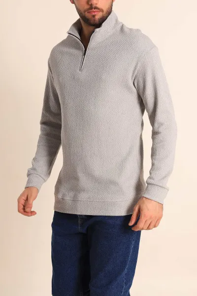 Gri Rahat Kalıp Örgü Dokulu Yarım Fermuar Sweatshirt 228824