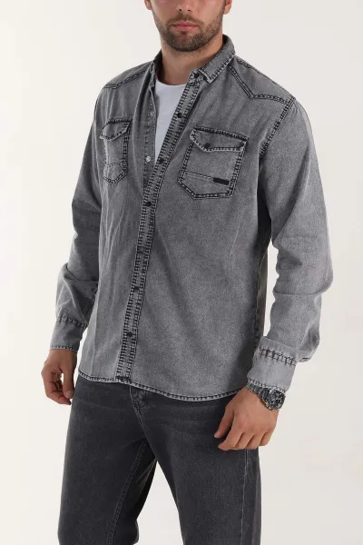 Gri Regular Fit Çift Cep Detaylı Yıkamalı Erkek Kot Gömlek 397964