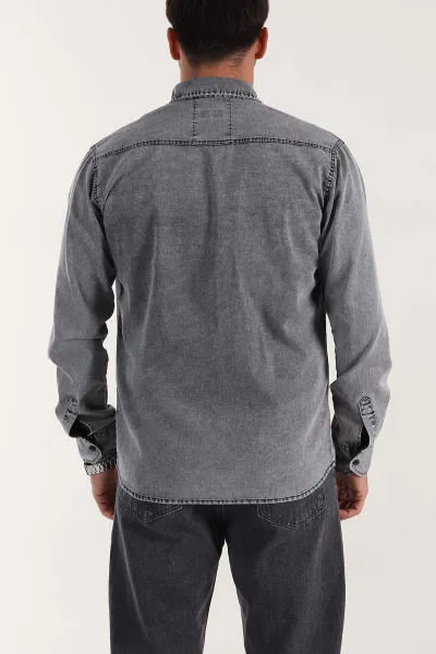 Gri Regular Fit Çift Cep Detaylı Yıkamalı Erkek Kot Gömlek 397964