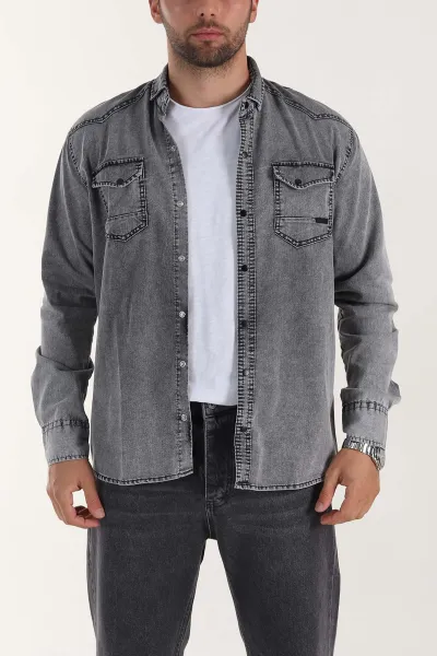 Gri Regular Fit Çift Cep Detaylı Yıkamalı Erkek Kot Gömlek 397964