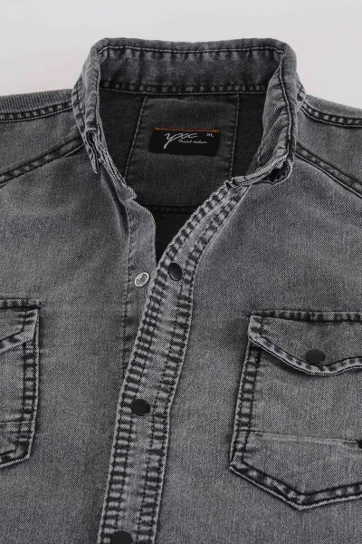 Gri Regular Fit Çift Cep Detaylı Yıkamalı Erkek Kot Gömlek 397964