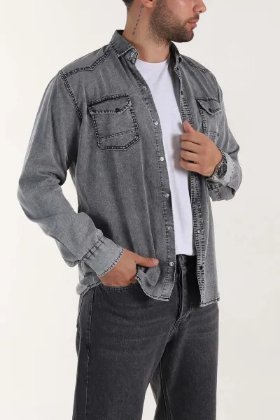 Gri Regular Fit Çift Cep Detaylı Yıkamalı Erkek Kot Gömlek 397964