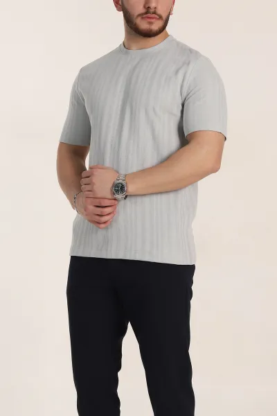 Gri Regular Fit Çizgi Dokulu Basic Erkek Tişört 348083