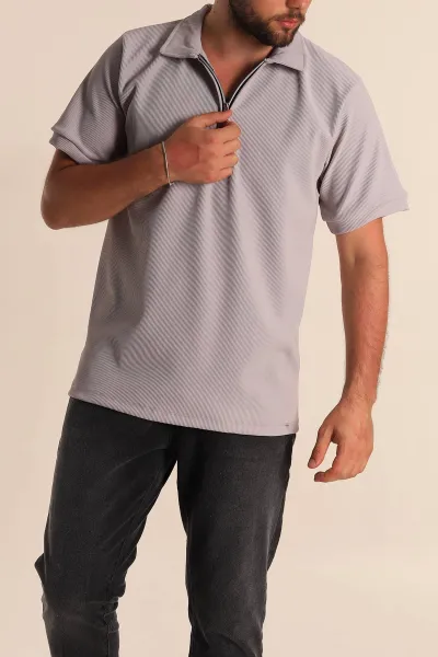 Gri Regular Fit Çizgi Dokulu Fermuarlı Polo Yaka Erkek Tişört 277168