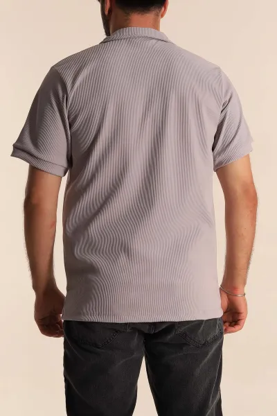 Gri Regular Fit Çizgi Dokulu Fermuarlı Polo Yaka Erkek Tişört 277168