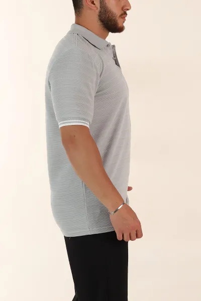 Gri Regular Fit Çizgi Dokulu Fermuarlı Polo Yaka Erkek Triko Tişört 370066