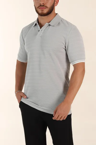 Gri Regular Fit Çizgi Dokulu Fermuarlı Polo Yaka Erkek Triko Tişört 370066