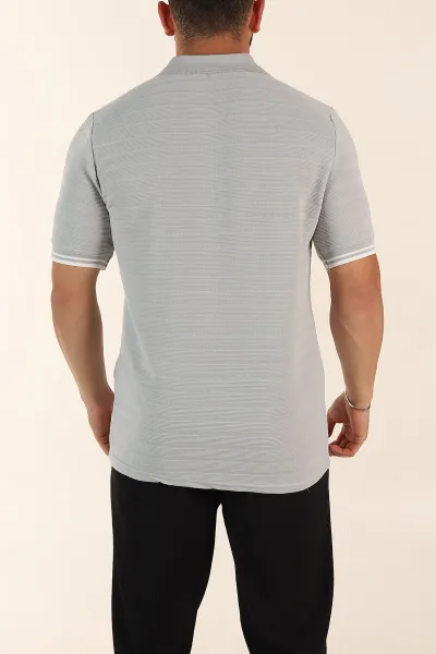 Gri Regular Fit Çizgi Dokulu Fermuarlı Polo Yaka Erkek Triko Tişört 370066
