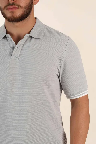 Gri Regular Fit Çizgi Dokulu Fermuarlı Polo Yaka Erkek Triko Tişört 370066