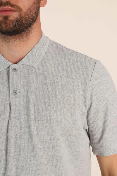 Gri Regular Fit Dokulu Düğmeli Polo Yaka Erkek Triko Tişört 370072
