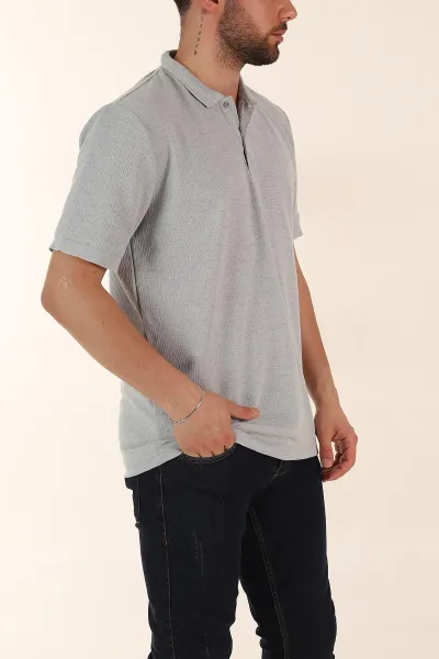 Gri Regular Fit Dokulu Düğmeli Polo Yaka Erkek Triko Tişört 370072