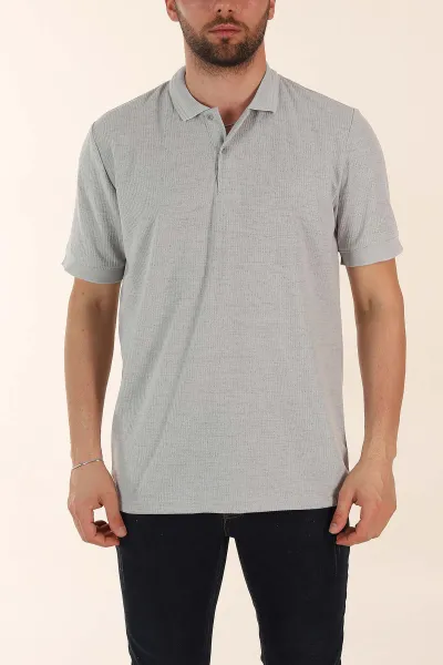 Gri Regular Fit Dokulu Düğmeli Polo Yaka Erkek Triko Tişört 370072