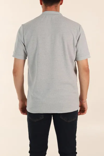 Gri Regular Fit Dokulu Düğmeli Polo Yaka Erkek Triko Tişört 370072