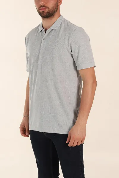 Gri Regular Fit Dokulu Düğmeli Polo Yaka Erkek Triko Tişört 370072