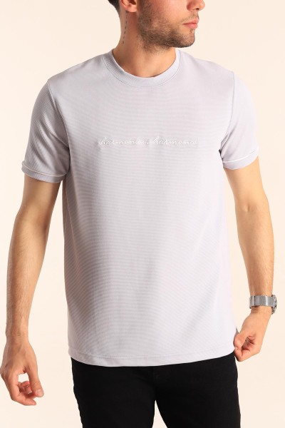 Gri Regular Fit Dokulu Nakışlı Yazı Detay Erkek Tişört 182162