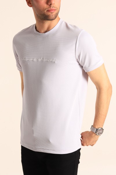 Gri Regular Fit Dokulu Nakışlı Yazı Detay Erkek Tişört 182162