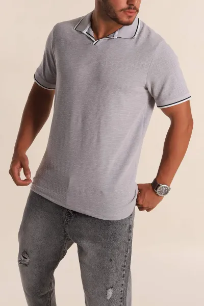 Gri Regular Fit Dokulu Polo Yaka Erkek Tişört 277065