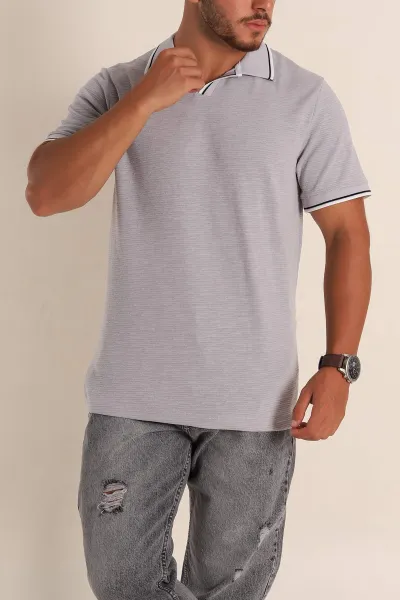 Gri Regular Fit Dokulu Polo Yaka Erkek Tişört 277065