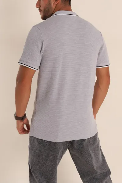 Gri Regular Fit Dokulu Polo Yaka Erkek Tişört 277065