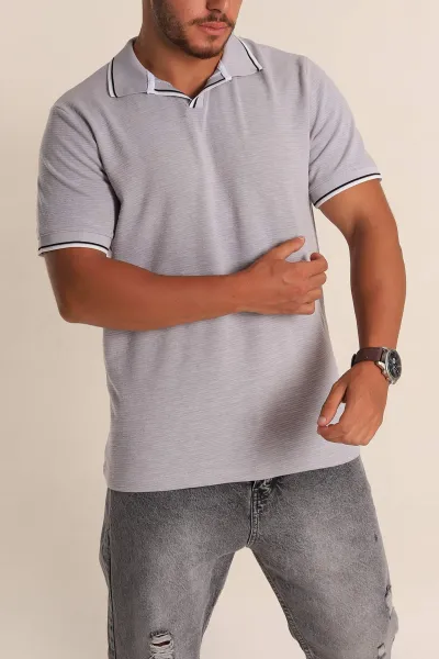 Gri Regular Fit Dokulu Polo Yaka Erkek Tişört 277065