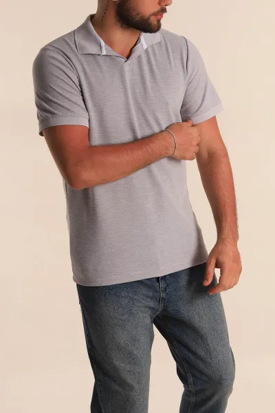 Gri Regular Fit Dokulu Polo Yaka Erkek Tişört 277120