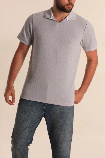 Gri Regular Fit Dokulu Polo Yaka Erkek Tişört 277120