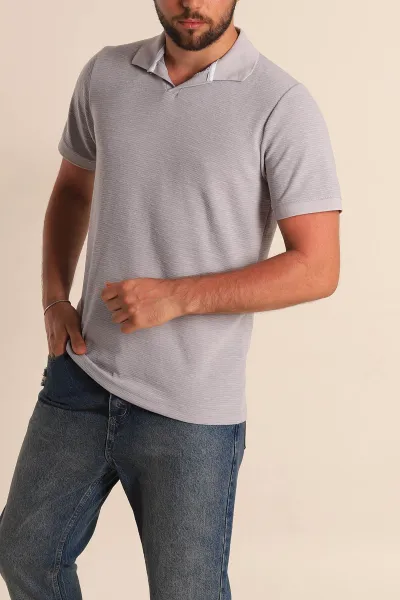 Gri Regular Fit Dokulu Polo Yaka Erkek Tişört 277120
