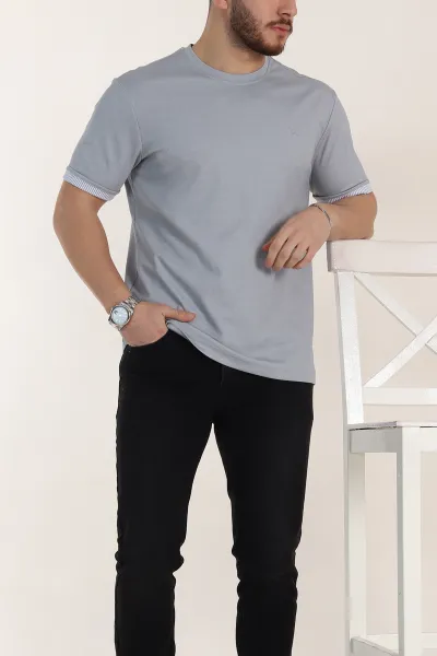 Gri Regular Fit Duble Kol Detaylı Basic Erkek Tişört 346184