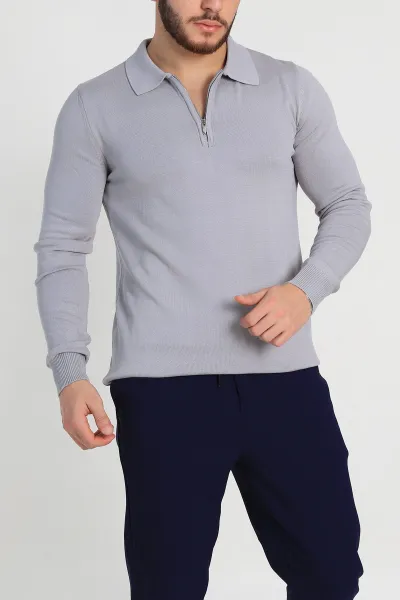 Gri Regular Fit Fermuarlı Polo Yaka Erkek Triko 327614