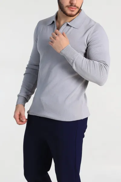 Gri Regular Fit Fermuarlı Polo Yaka Erkek Triko 327614
