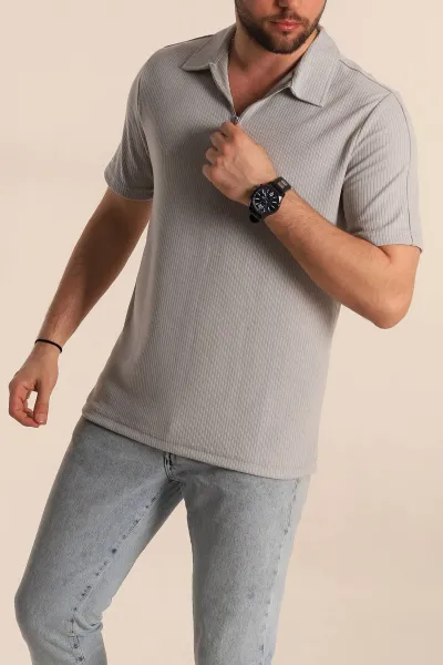 Gri Regular Fit Fitilli Doku Fermuarlı Yaka Erkek Tişört 268891