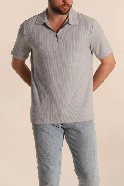 Gri Regular Fit Fitilli Doku Fermuarlı Yaka Erkek Tişört 268891