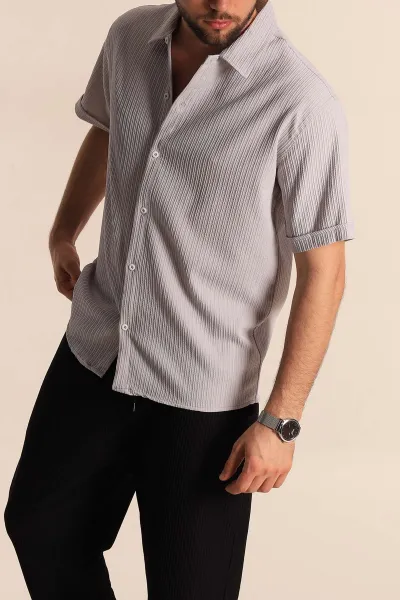 Gri Regular Fit Fitilli Doku Kısa Kollu Erkek Gömlek 275495