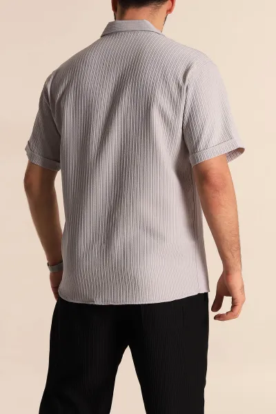 Gri Regular Fit Fitilli Doku Kısa Kollu Erkek Gömlek 275495
