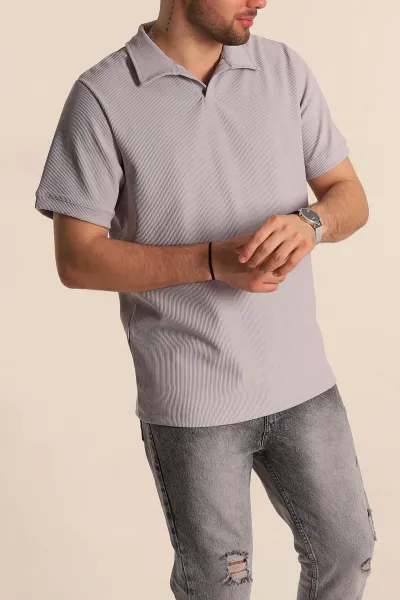 Gri Regular Fit Fitilli Doku Patlı Polo Yaka Erkek Tişört 270580