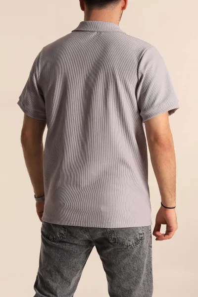 Gri Regular Fit Fitilli Doku Patlı Polo Yaka Erkek Tişört 270580