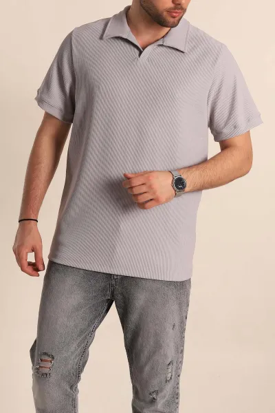 Gri Regular Fit Fitilli Doku Patlı Polo Yaka Erkek Tişört 270580